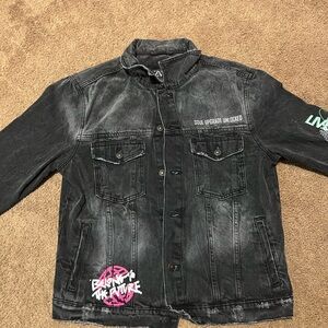Zara Black Denim Jacket with Graphic Details
